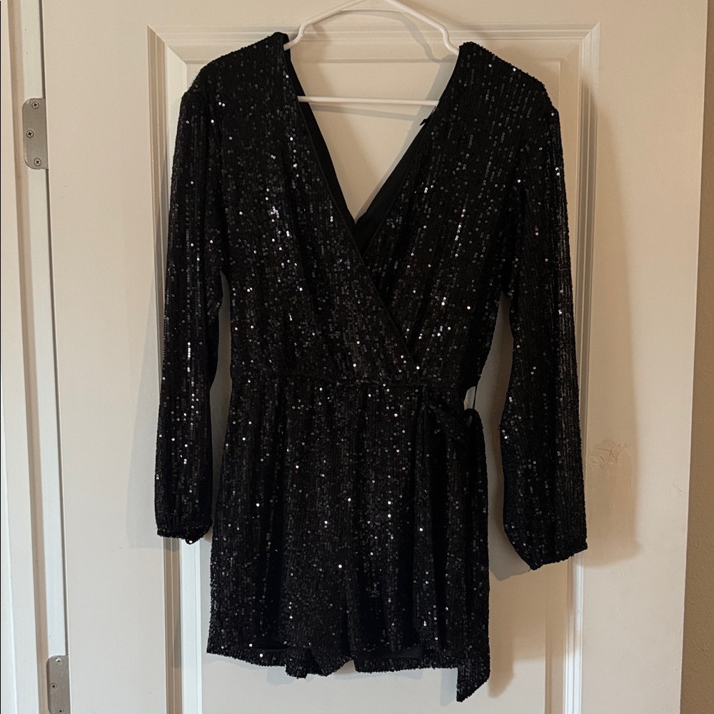 Black Sequin Wrap Romper